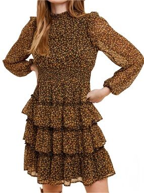 NWT IN LOOM Floral Tiered Brown Dress